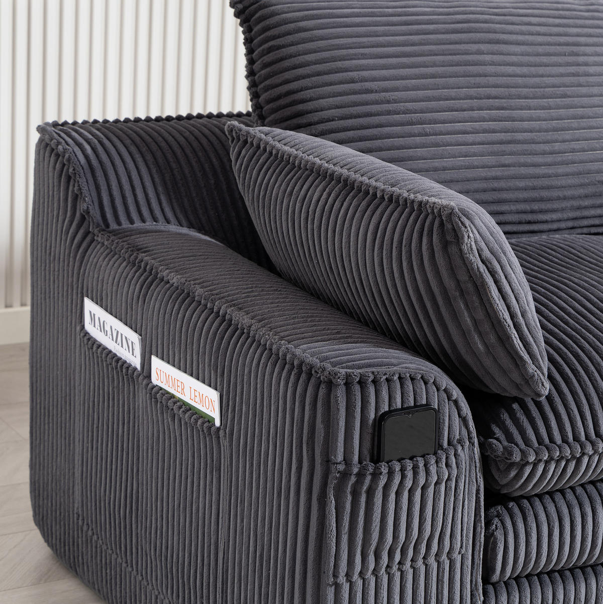 2-SITZER-SOFA 191/94/85 cm dunkelgrau aus Cord mit Seitentaschen und Federkern - Dunkelgrau, Textil (94/85/191cm) - Modenvie