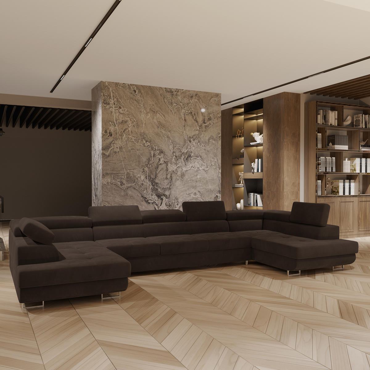 WOHNLANDSCHAFT ISOLANO Braun Velours-Stoff mit Schlaffunktion - Braun, Holz (408/90/202cm) - MASSENO