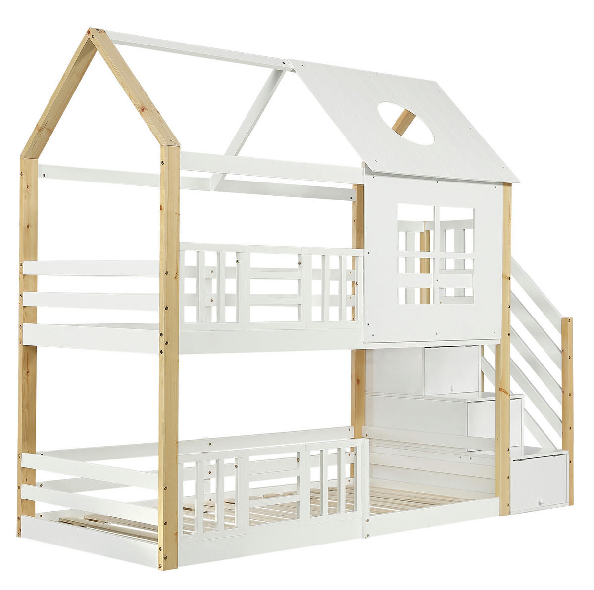 ETAGENBETT 95/200 cm Weiß/Natur aus Kiefer und MDF mit Treppenschrank - Weiß, Holz (90/200cm) - OKWISH