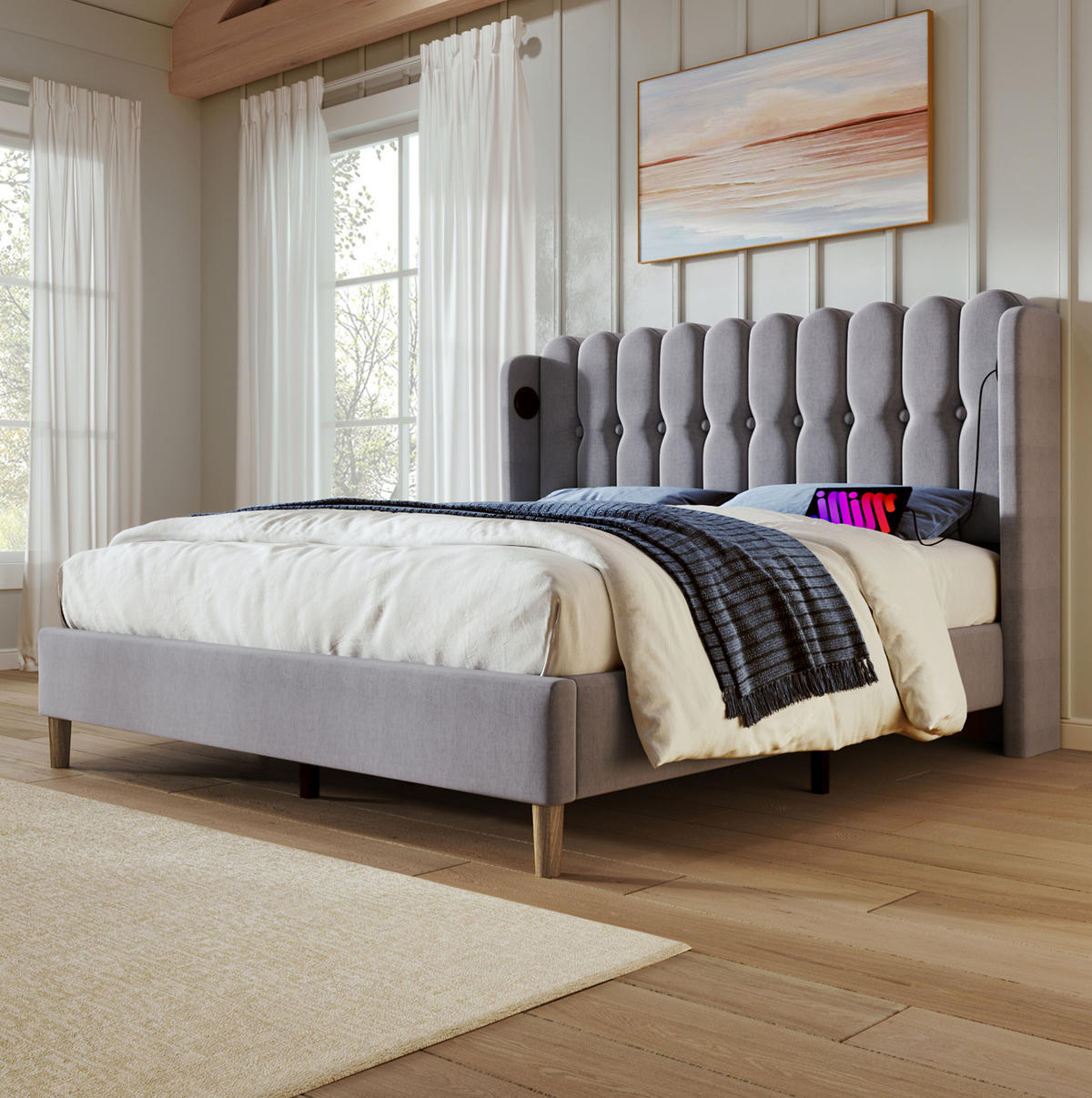 BETT mit USB und Typ-C 140x200 cm Leinen Grau - Grau, Metall (140/200cm) - Meubliv