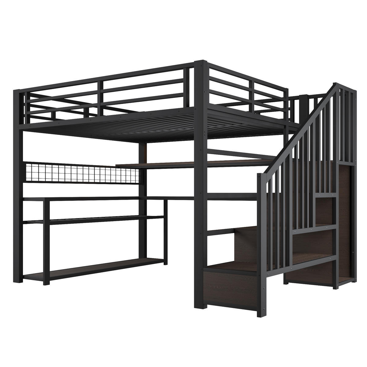 HOCHBETT 140/200 cm in Schwarz aus Metall und MDF mit LED, Kleiderschrank, Schreibtisch und Stauraum - Schwarz, Holzwerkstoff/Metall (140/200cm) - WISHDOR