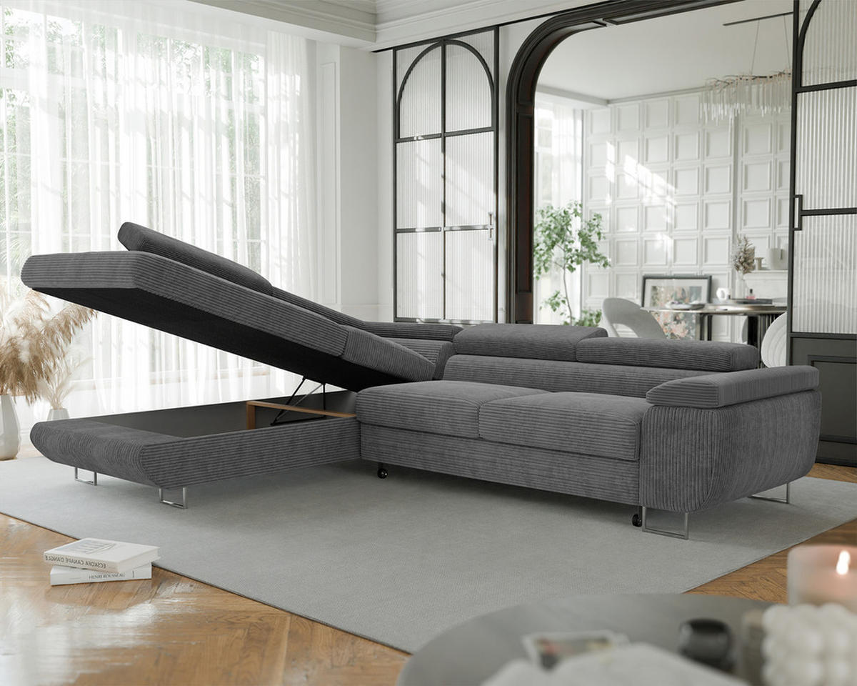 ECKSOFA ANTON mit Schlaffunktion und Bettkasten Grau - Grau, Holzwerkstoff/Kunststoff (274/203cm) - Idohome