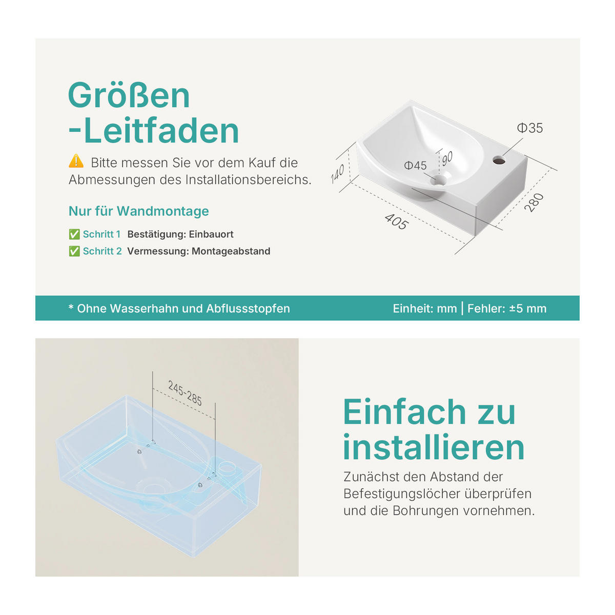 WASCHBECKEN Keramik Mit Hahnloch links Strahlend Weiß 40,5 / 28 / 14 cm - Weiß, Keramik (28/14/40.5cm) - EMKE