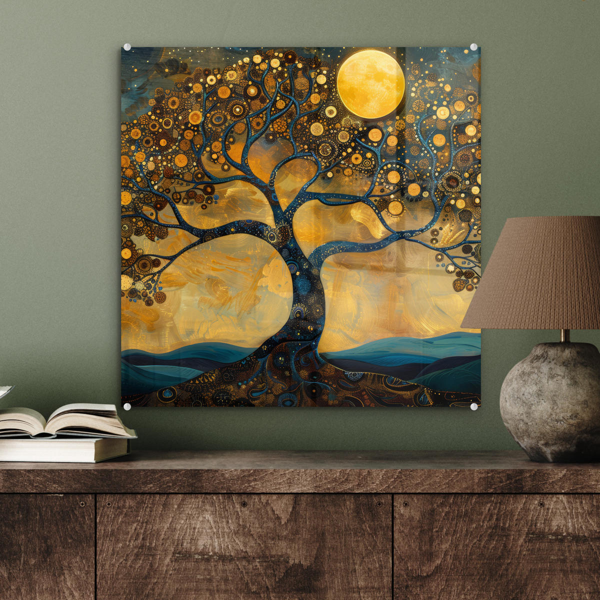 ACRYLGLASBILD Baum - Mond - Blumen - Gold - Kunst 50x50 cm - Orange, Glas (50/50cm) - MuchoWow