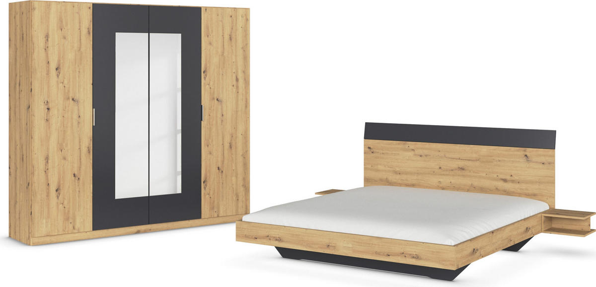 SCHLAFZIMMER Monza in Eiche Artisan und Grau Metallic mit Bettanlage 180x200cm, 2 Nachttischen und Drehtürenkleiderschrank 4türig mit Spiegel - Braun, Holzwerkstoff (80/200/120cm)