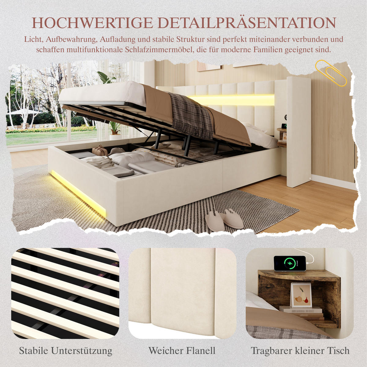 POLSTERBETT 180/200 cm mit USB-Anschlüssen, LED-Beleuchtung, Hydraulik-Stauraum und Retro-Schränken, Beige - Beige, Textil (180/200cm) - Redom