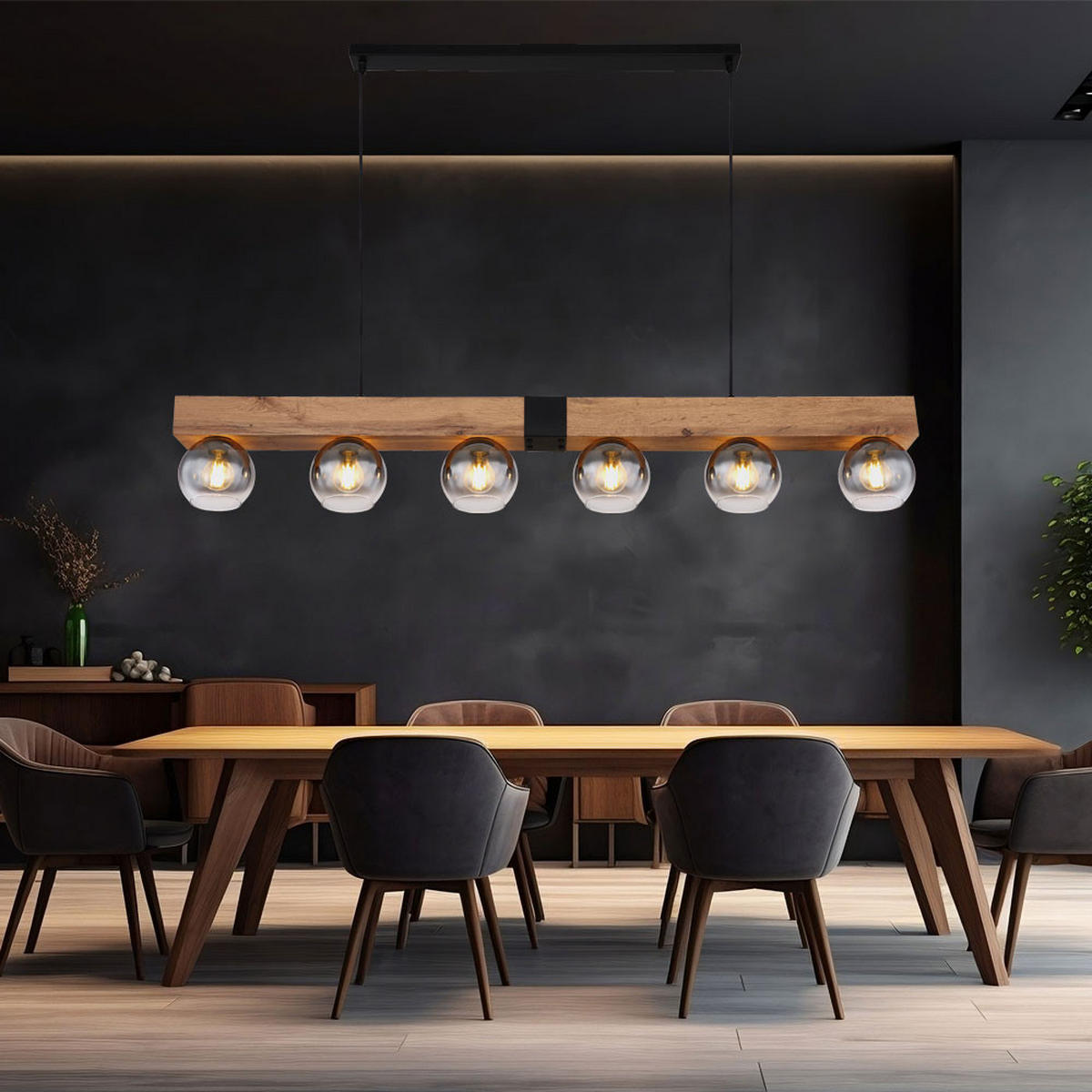 HÄNGELEUCHTE Holzoptik Braun Metall Schwarz - Braun, Glas (140/15/120cm) - Globo Lighting