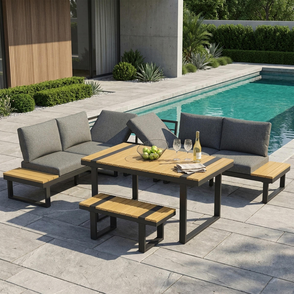 GARTEN-ESSGRUPPE, Eckstellung, Neigefunktion bis 55°, Grau/Schwarz - Multicolor, Textil - FLIEKS