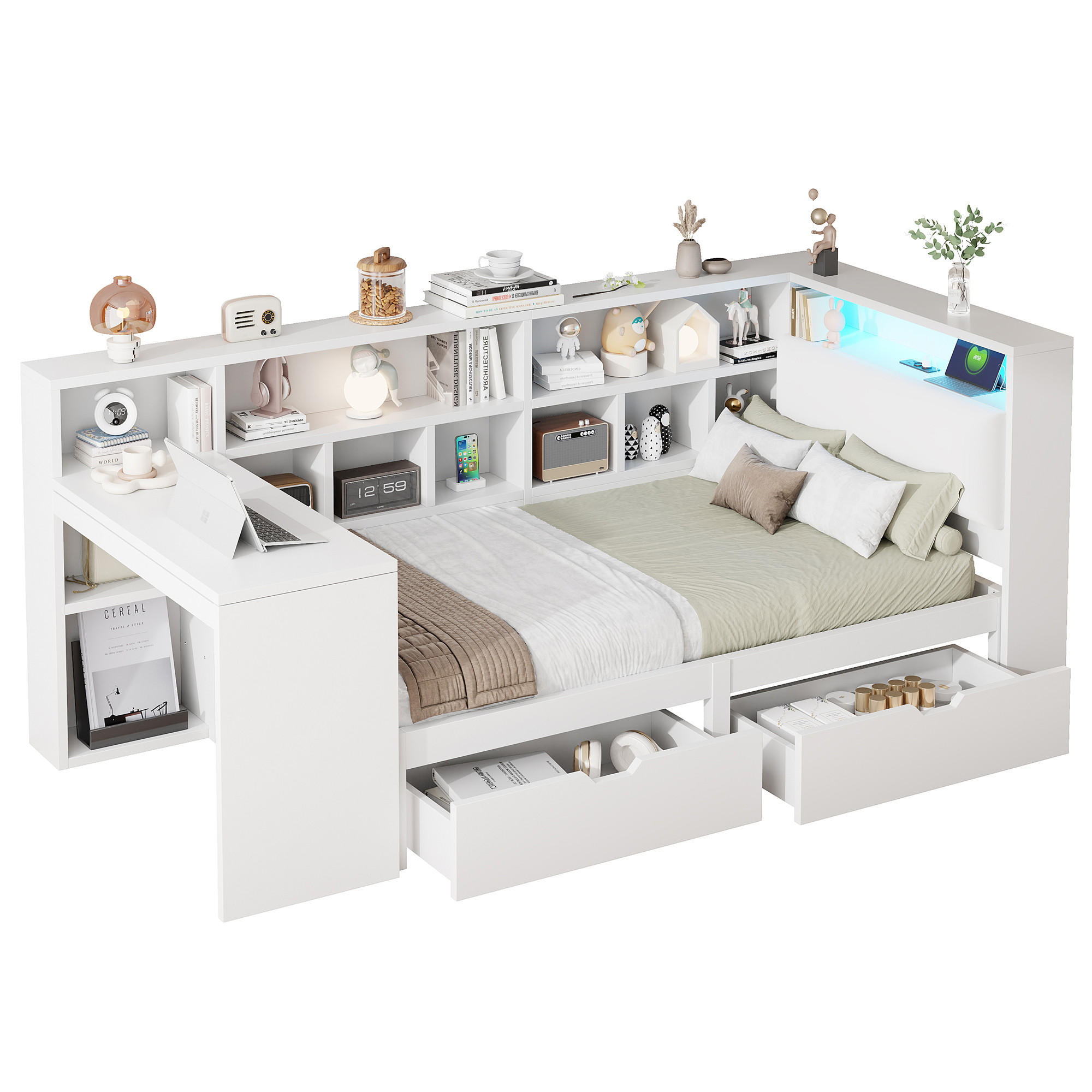 MULTIFUNKTIONSBETT 90/200 cm Weiß L-förmiges Bett mit Schreibtisch Bücherregal und LED-Beleuchtung - Weiß, Holzwerkstoff (90/200cm) - OKWISH