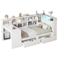 MULTIFUNKTIONSBETT 90/200 cm Weiß L-förmiges Bett mit Schreibtisch Bücherregal und LED-Beleuchtung - Weiß, Holzwerkstoff (90/200cm) - OKWISH