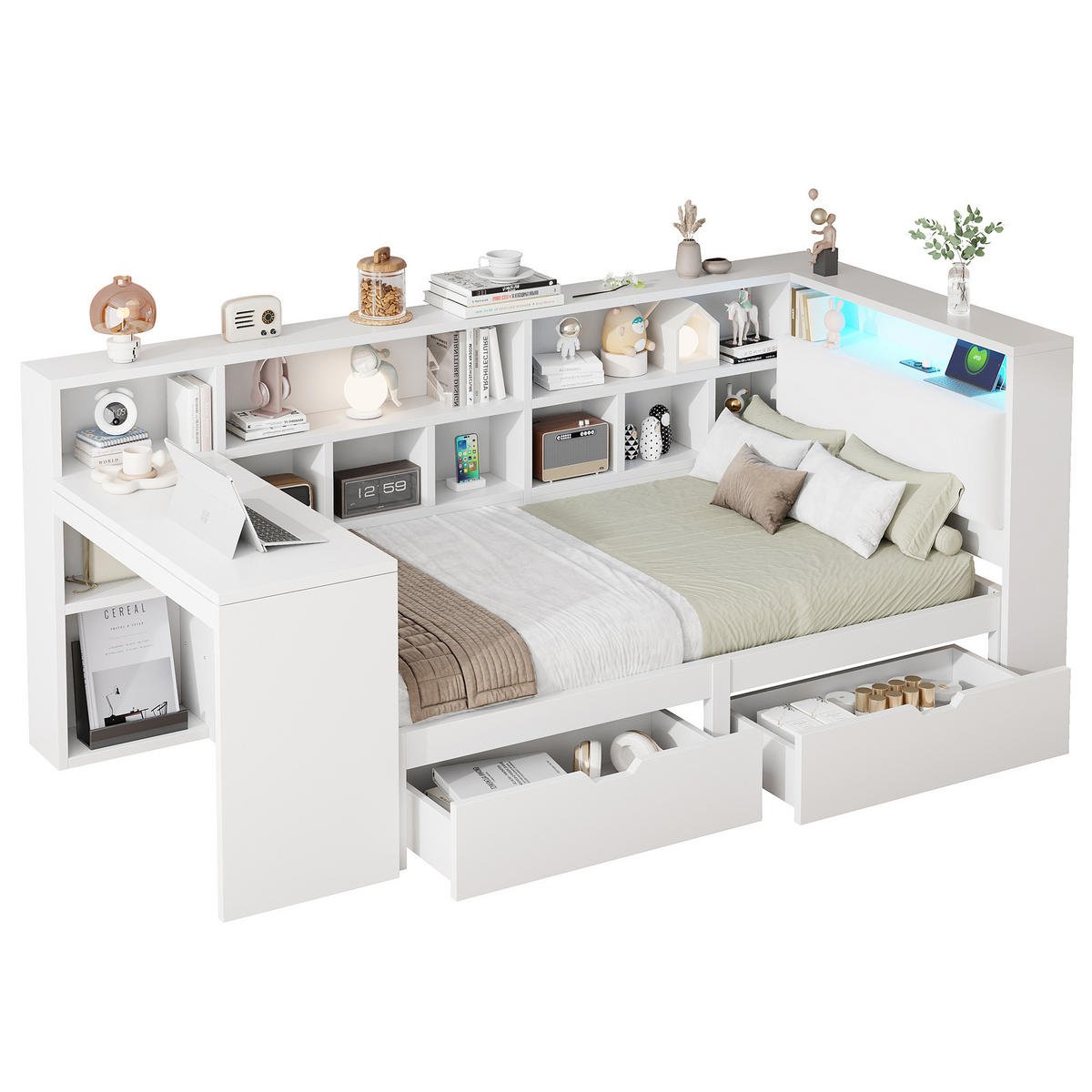 MULTIFUNKTIONSBETT 90/200 cm Weiß L-förmiges Bett mit Schreibtisch Bücherregal und LED-Beleuchtung - Weiß, Holzwerkstoff (90/200cm) - OKWISH