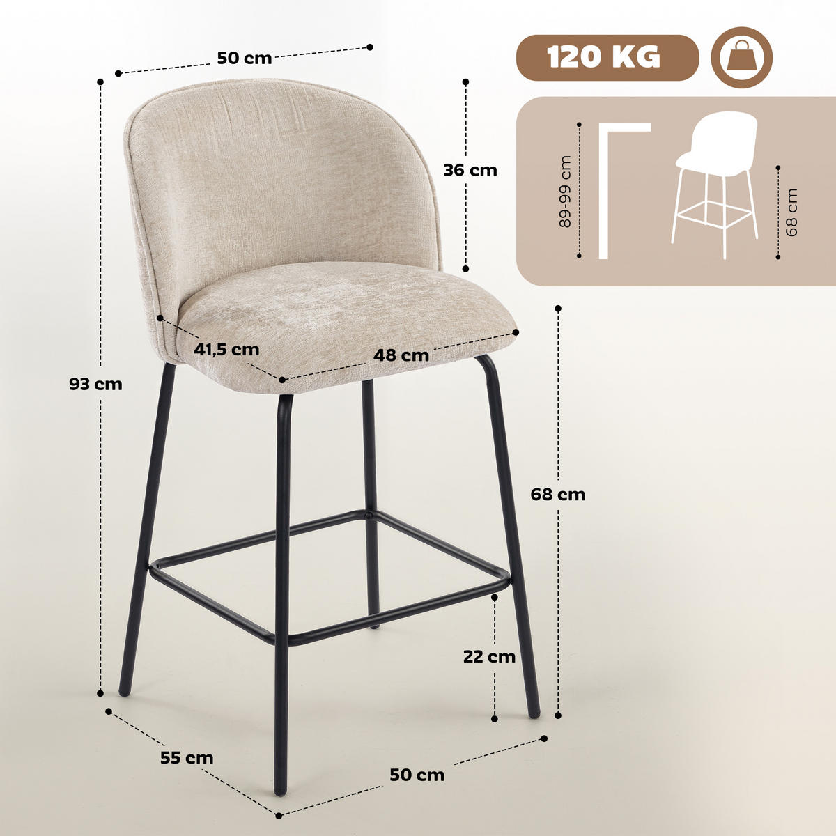 BARHOCKER 2er Set Barstuhl mit Fußstütze, Lehne, Sitzhöhe 68 cm, Beige - Beige/Schwarz, Textil (50/93/55cm) - HOMCOM