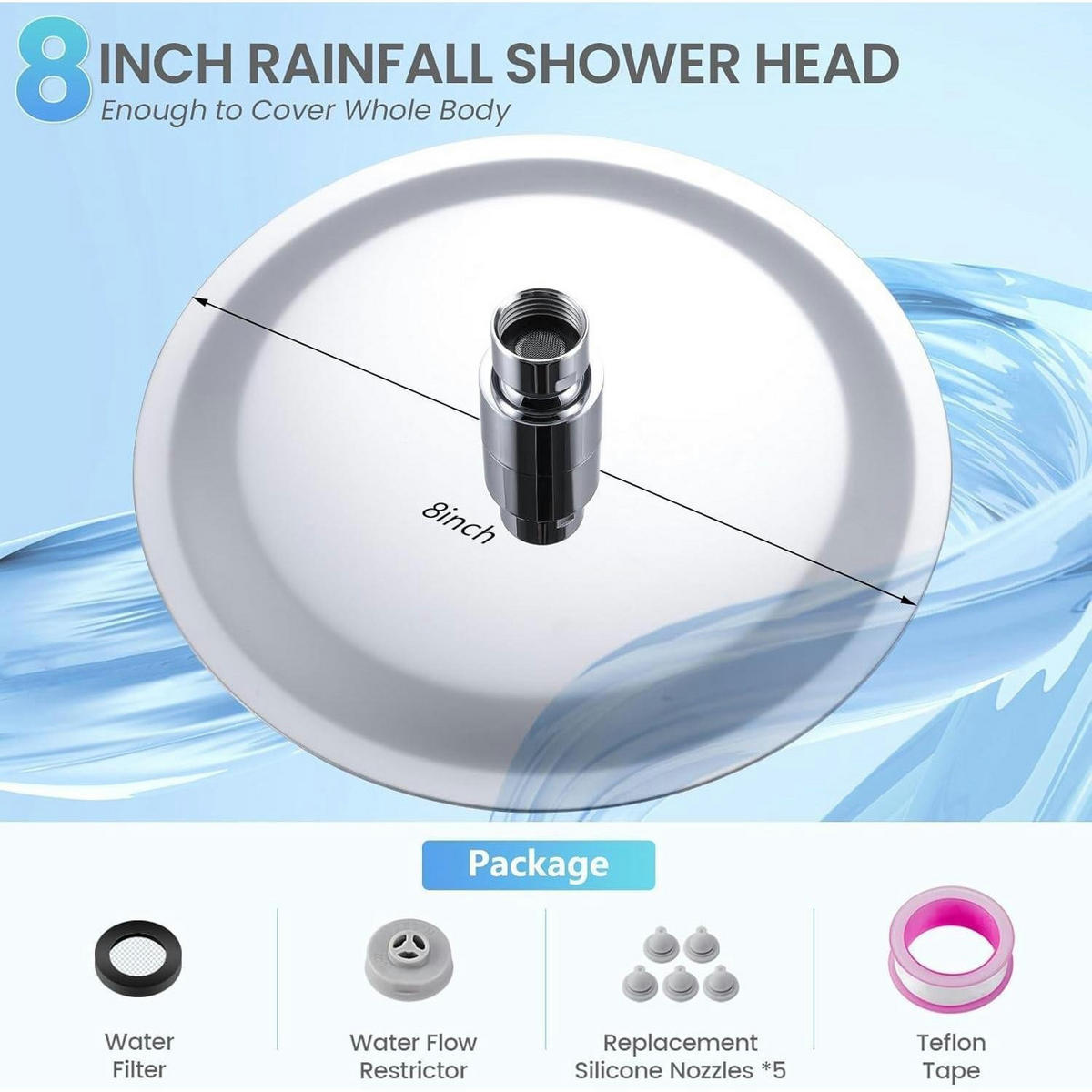 REGENDUSCHE 20 cm Chrom Edelstahl 304 Wassersparend Anti-Verstopfungs-Düsen - Silberfarben, Metall (20.3/12.7/20.3cm)