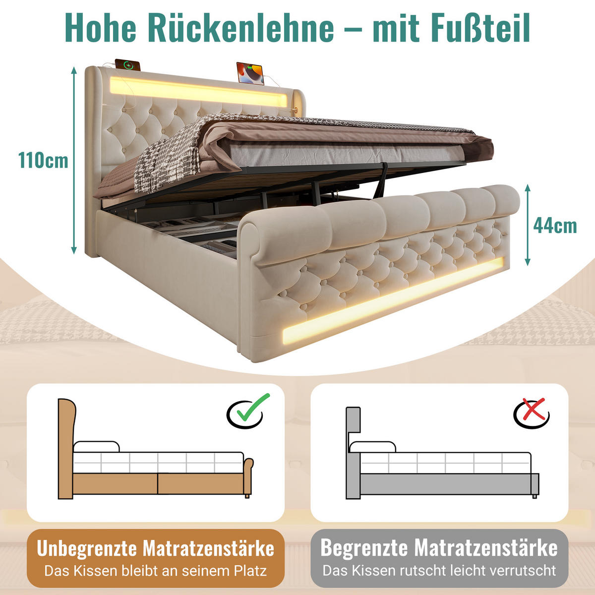 POLSTERBETT 160x200cm Doppelbett LED USB-C & Hydraulik Stauraum Beige Samt - Beige, Holz (160/200cm) - FLIEKS