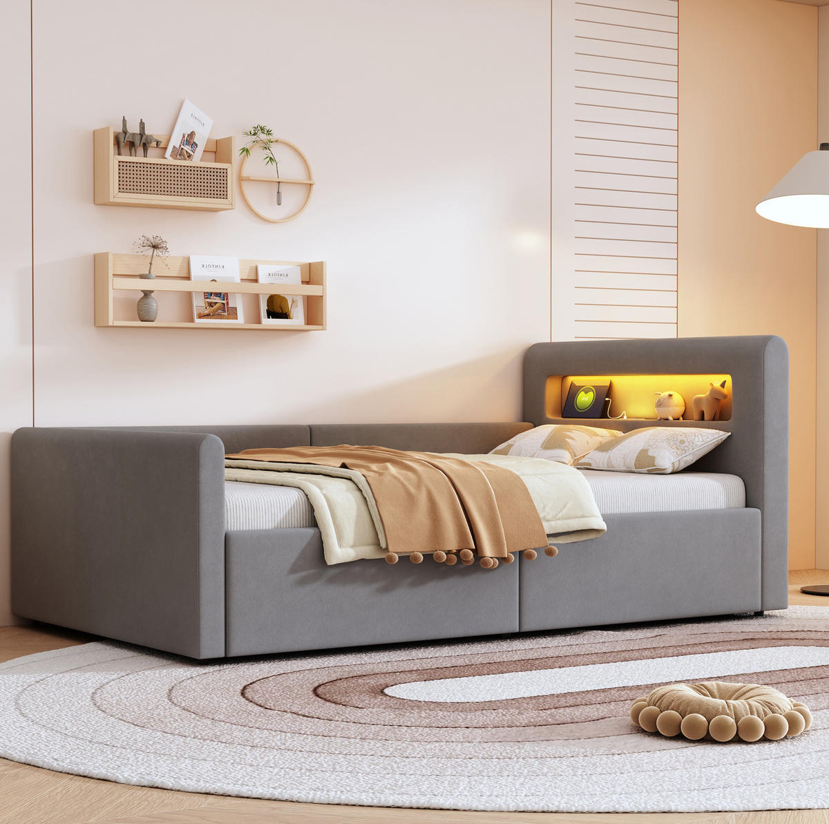 POLSTERBETT 90/200 cm in Hellgrau mit Stauraum, LED-Beleuchtung und USB-Anschluss - Grau, Textil (90/200cm) - Flora Grace