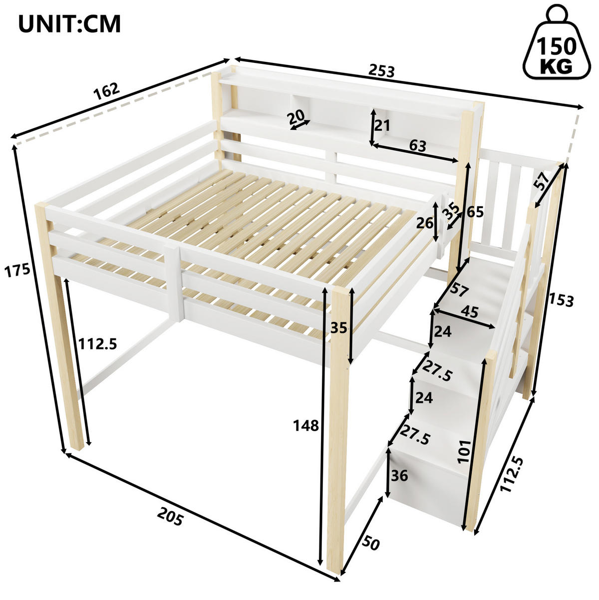 HOCHBETT 140/200 cm in Weiß/Natur mit LED-Beleuchtung und Stauraumtreppe - Weiß, Holz (140/200cm) - Flora Grace