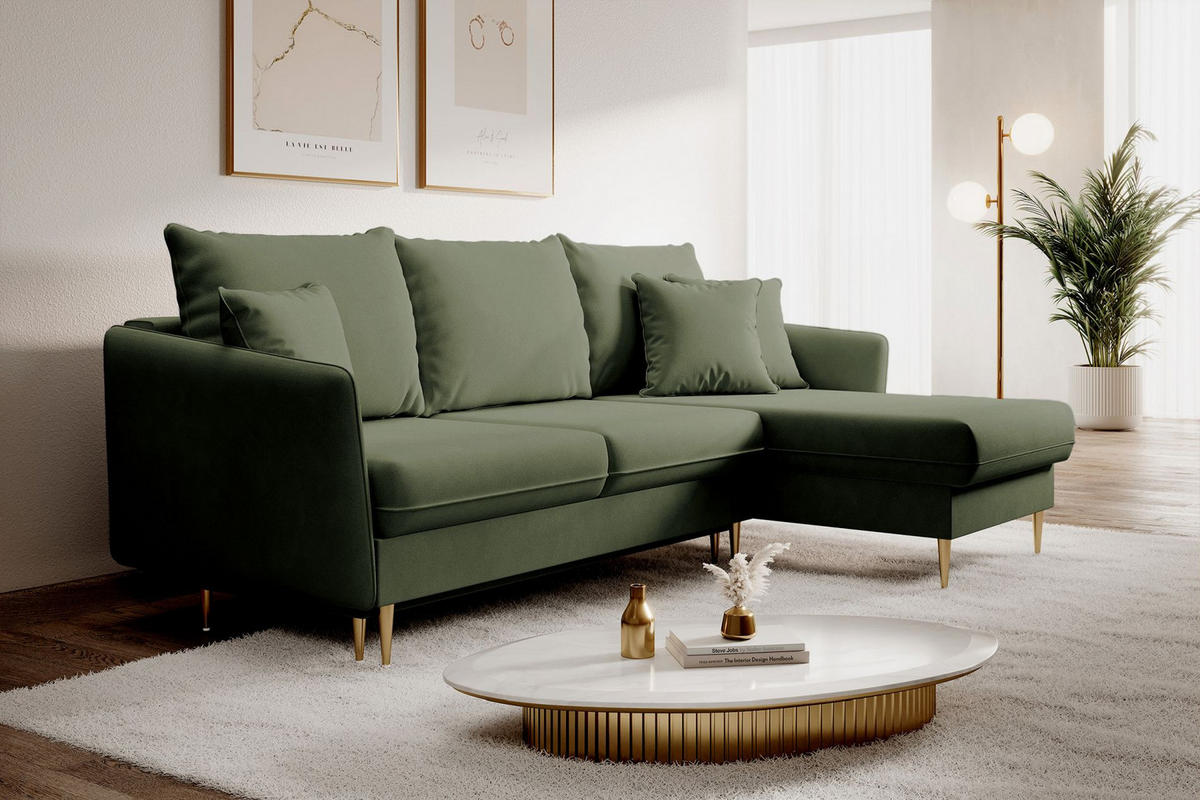 ECKSOFA Volio Salbeigrün Samt - Goldfarben/Hellgrün, Textil/Metall (223/145cm) - Selsey