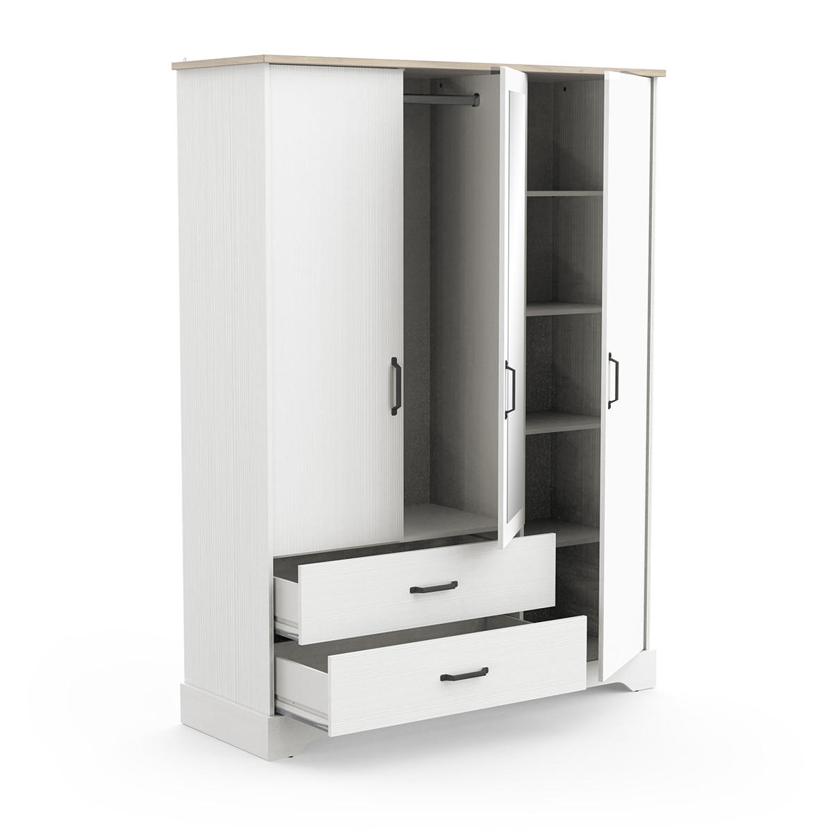 KLEIDERSCHRANK mit 3 Türen, 1 Spiegel und 2 Schubladen Cottage - H199,60 cm - Weiß, Holzwerkstoff (57.1/199.6/148.6cm) - Calicosy