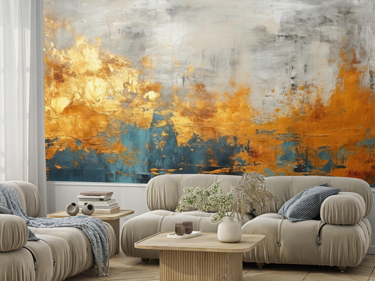 FOTOTAPETE für Badezimmer Abstrakter Beton Gold Mauer 350x256 - Türkis/Goldfarben, Papier (350/256cm) - Muralo