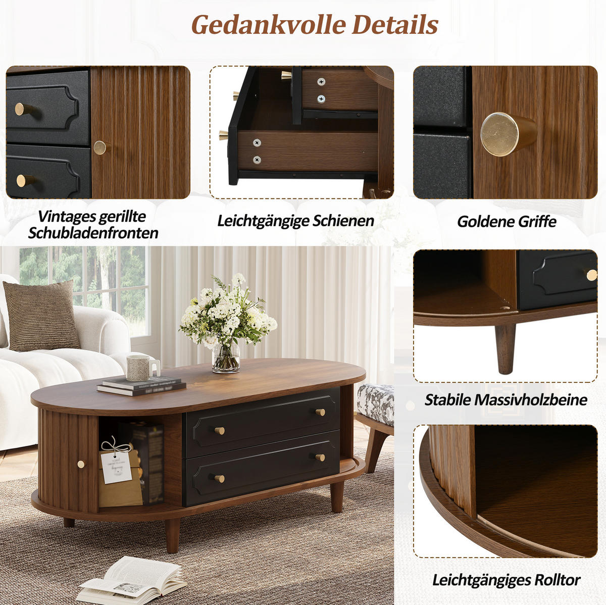 COUCHTISCH 100/50/36 cm in Walnussoptik mit 2 Schubladen und Rolltüren - Walnussfarben, Holzwerkstoff (100/50/36cm) - Flora Grace