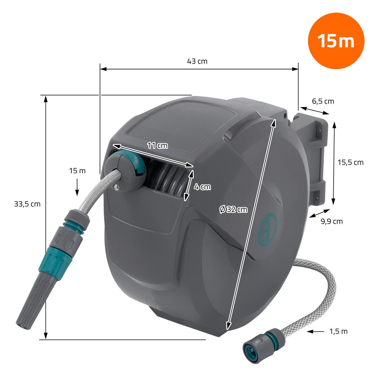 SCHLAUCHAUFROLLER 15m - Grau, Kunststoff (15/33.5/43cm) - ECD-Germany