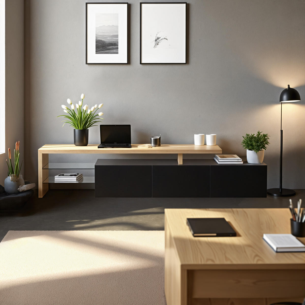 LOWBOARD mit LED-Beleuchtung, 3 Schubladen und Offene Fächer - Schwarz, Glas/Holzwerkstoff (197.5/42/39cm) - Urban Meuble