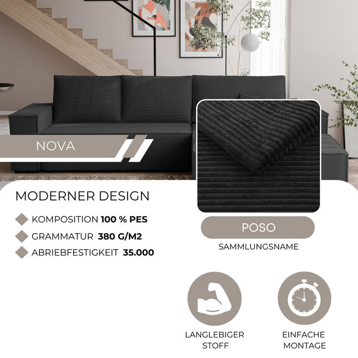 ECKSOFA NOVA mit Schlaffunktion und Bettkasten Anthrazit - Anthrazit, Holzwerkstoff/Kunststoff (250/90cm) - Idohome
