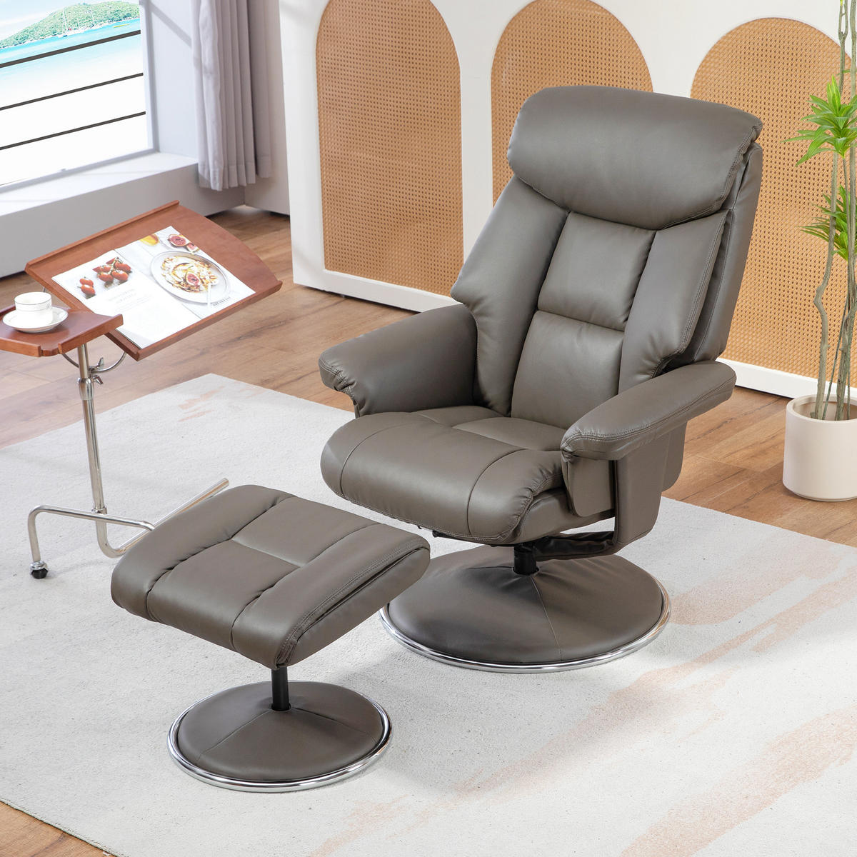 RELAXSESSEL mit Hocker, Fernsehsessel mit Liegefunktion, Wippfunktion Grau - Schwarz/Grau, Leder/Kunststoff (95/107/81cm) - HOMCOM