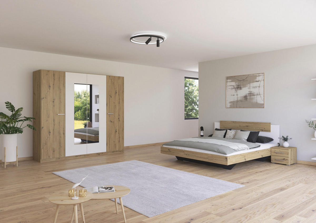 SCHLAFZIMMER Borba in Eiche und Weiß 4 teilig – mit Bettanlage 180x200cm, zwei Nachttisch und Drehtürenschrank 225cm Breite - Braun, Holzwerkstoff (80/200/120cm)