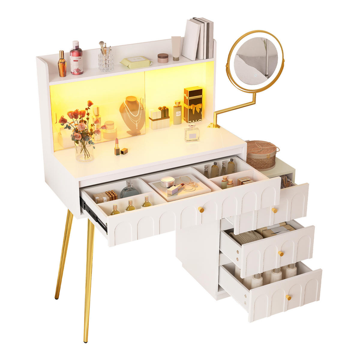 SCHMINKTISCH 112/34,5/116 cm weiß aus MDF mit LED-Spiegel - Weiß, Holzwerkstoff (34.5/116/112cm) - OKWISH