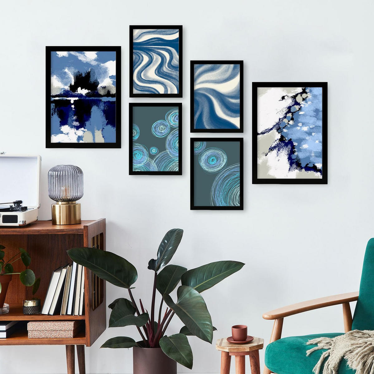 POSTER Set Mit 6 Blau Alte Koffer In Kulissen Abstracts Ästhetische Dekorative Gemälde Für Ihr Wohnzimmer Zuhause A3 & A4 Schwarzer Rahmen - Schwarz, Papier (29/3cm) - Nacnic