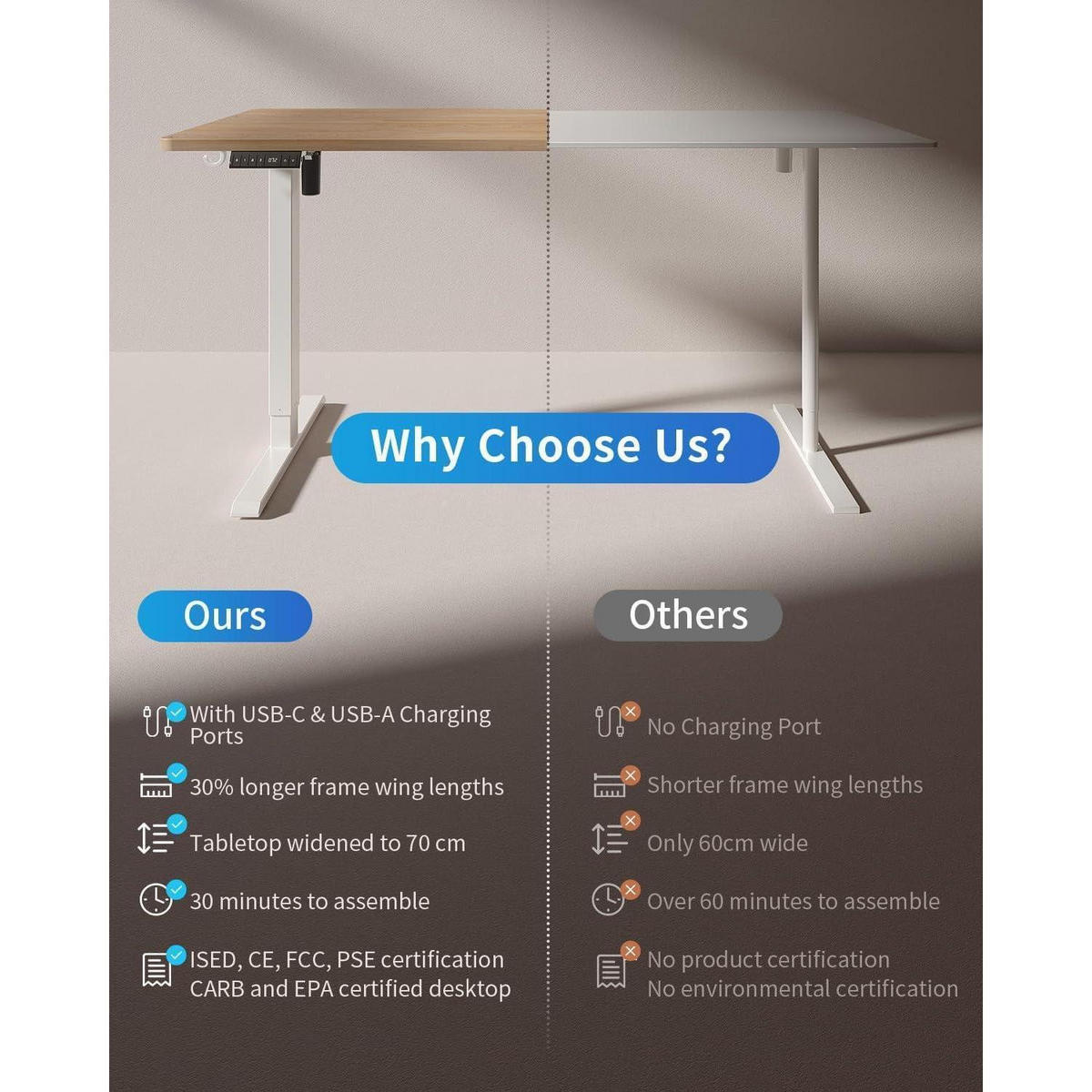 SCHREIBTISCH höhenverstellbar elektrisch Eiche 140 x 70 cm - Braun, Holzwerkstoff (70/140/72cm)