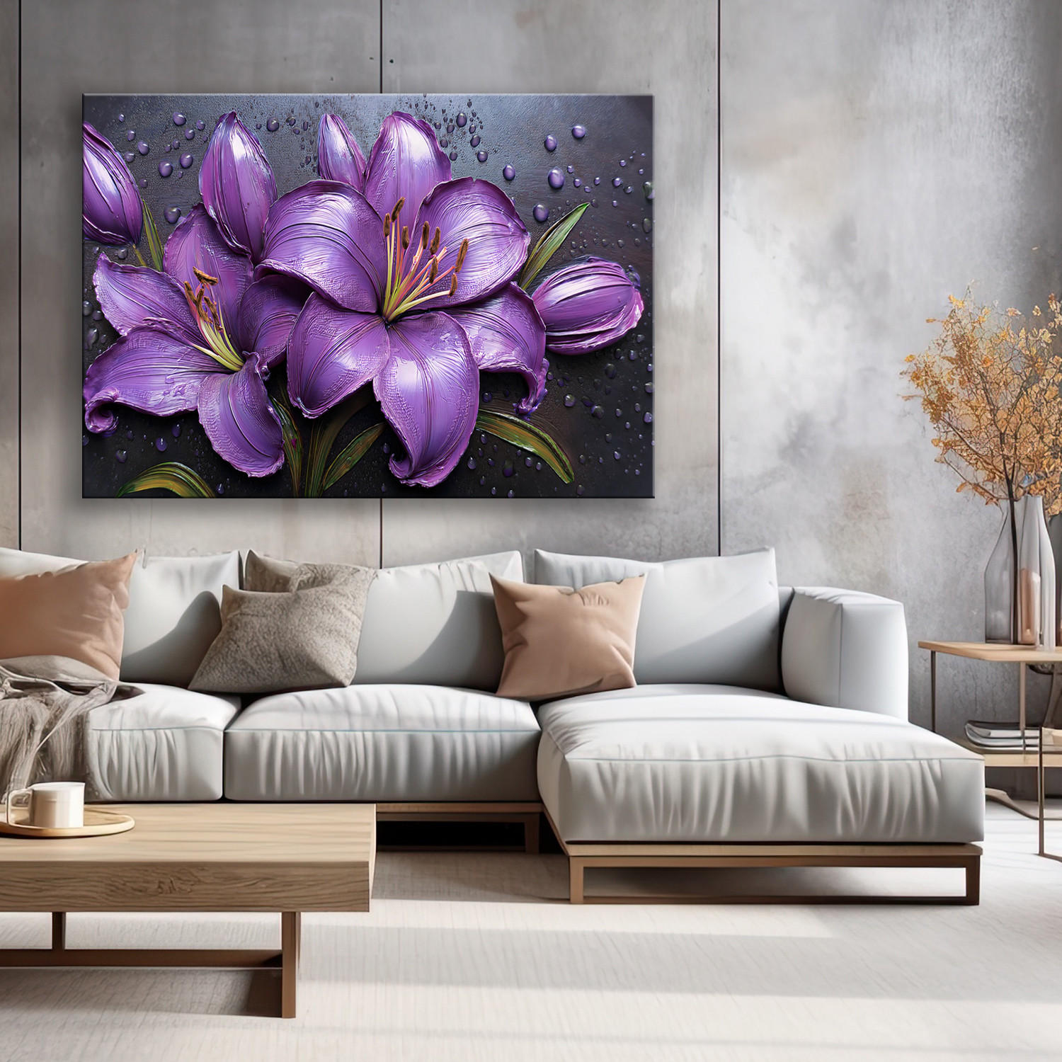 WANDBILD lila lilien blumen tautropfen - Lila, Textil (60/40cm) - Feeby