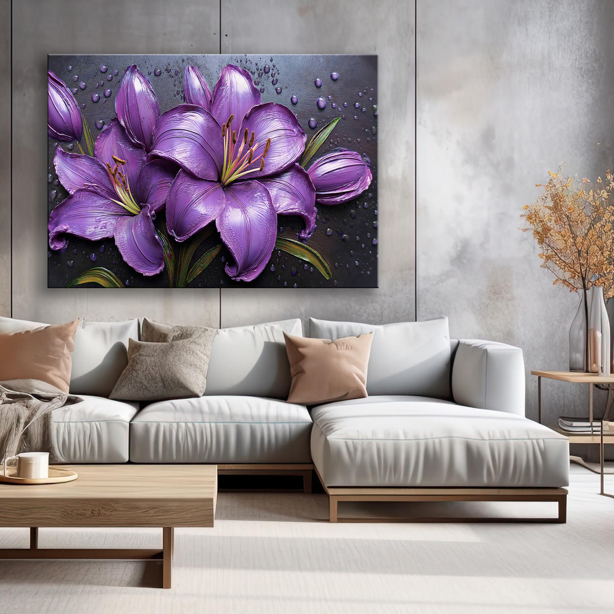 WANDBILD lila lilien blumen tautropfen - Lila, Textil (60/40cm) - Feeby