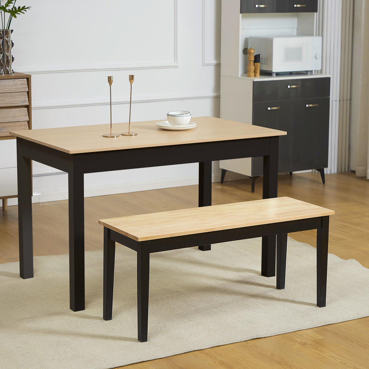 SITZBANK 2-Sitzer Essbank Holzbank, Küchenbank für Eingang bis 220 kg belastbar - Schwarz/Naturfarben, Holz (36/45/102cm) - HOMCOM