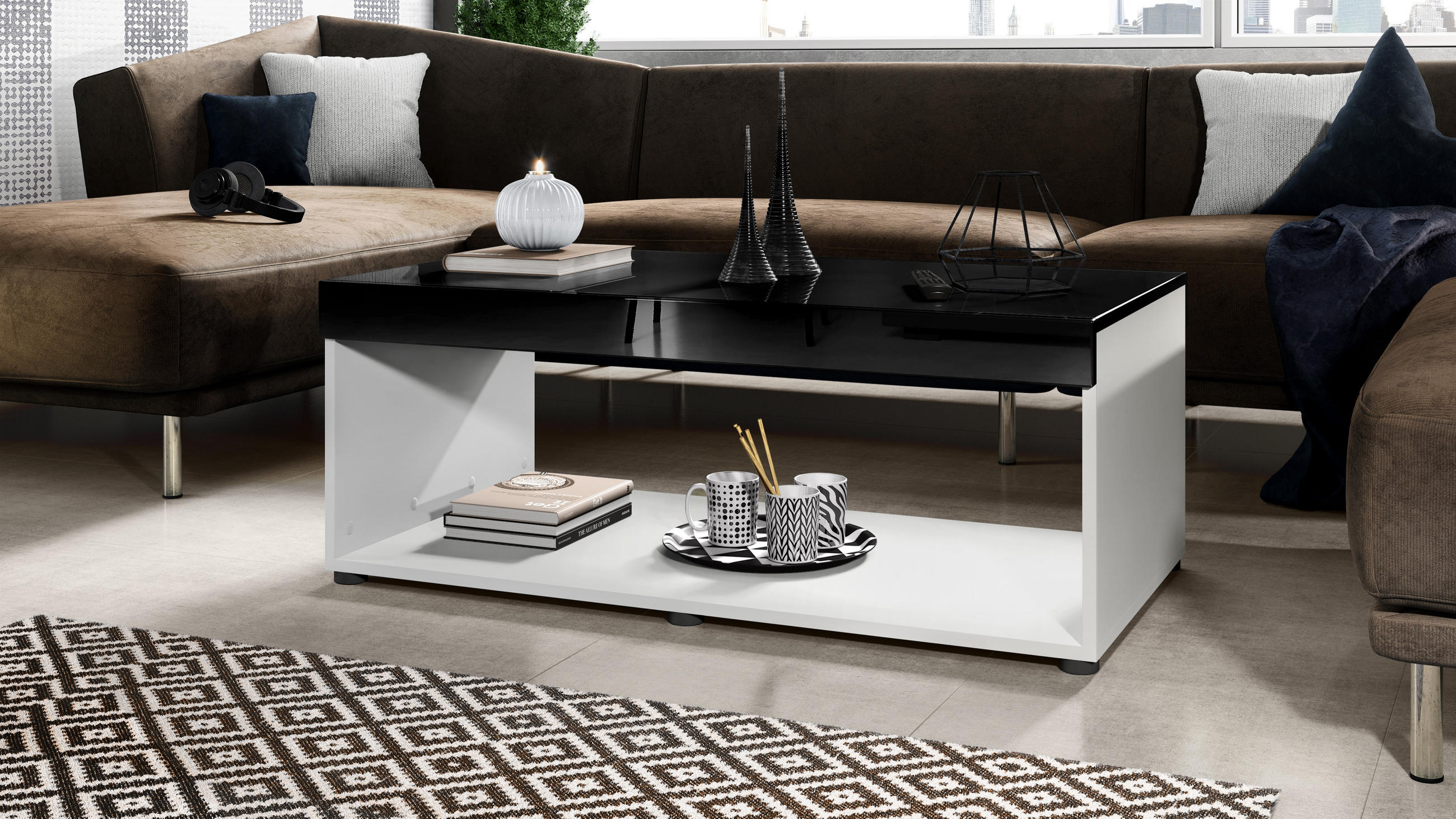 COUCHTISCH Pure Tischplatte und Blenden in Schwarz Hochglanz - Schwarz Hochglanz, Holzwerkstoff (58/104/40.5cm) - Vladon