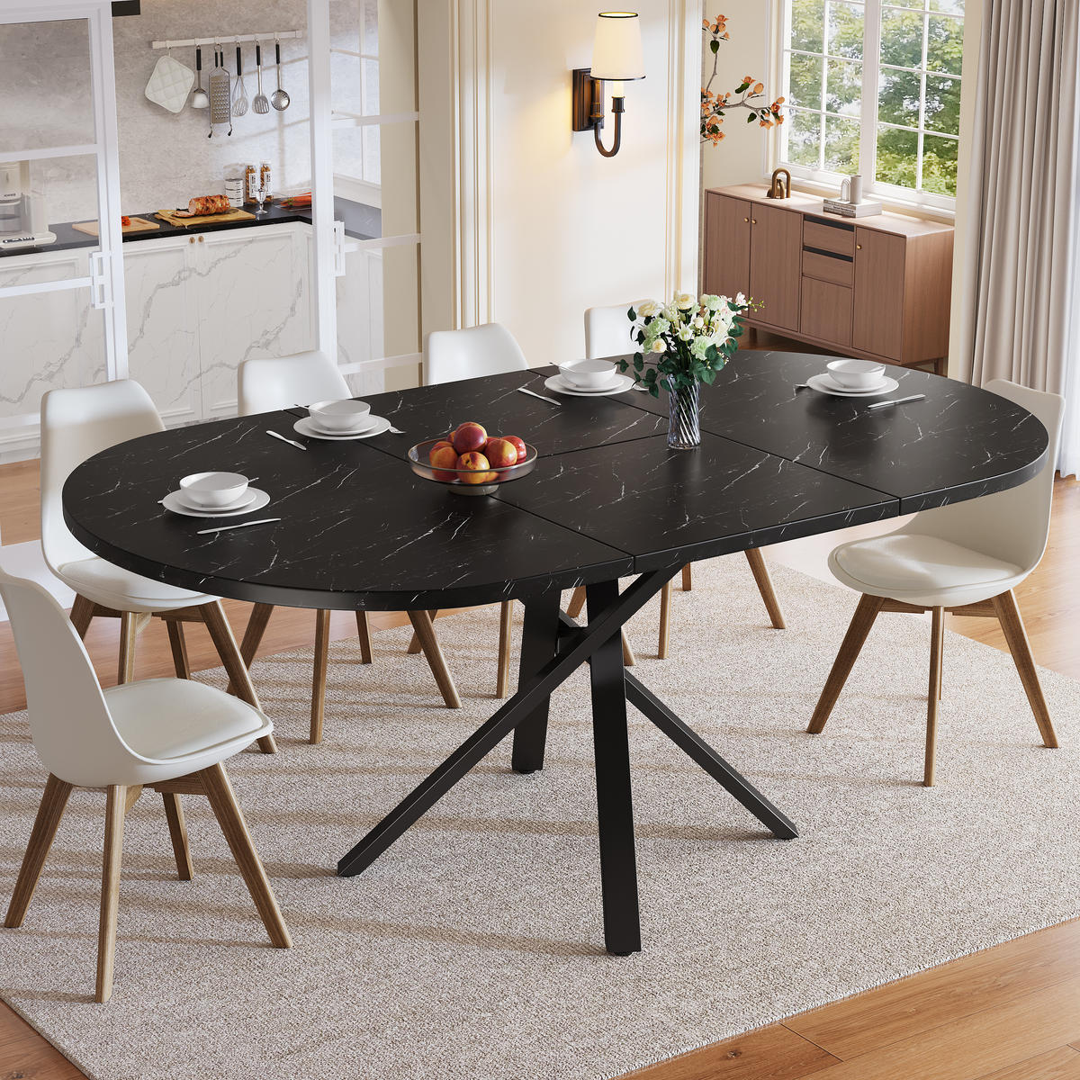 ESSTISCH Ausziehbar 100-140cm Marmor Schwarz X Gestell - Schwarz, Metall (100/100/75.5cm) - FLIEKS