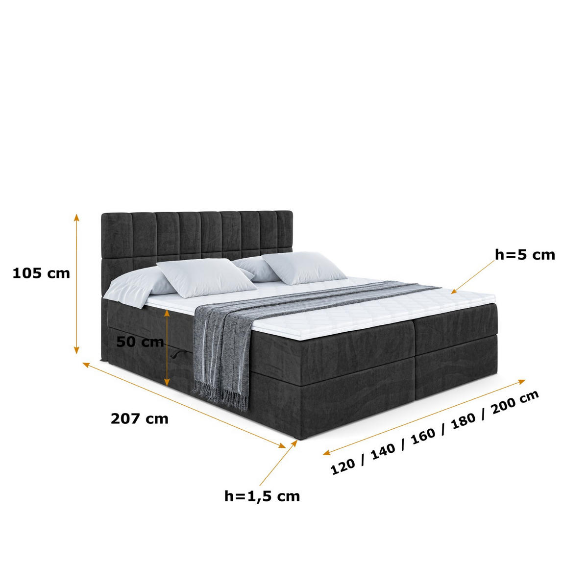 BOXBETT mit Matratze H3 und Lattenrost - MIAMI - 140x200 cm Schwarz - Schwarz, Holzwerkstoff (140/200cm) - ALTDECOR