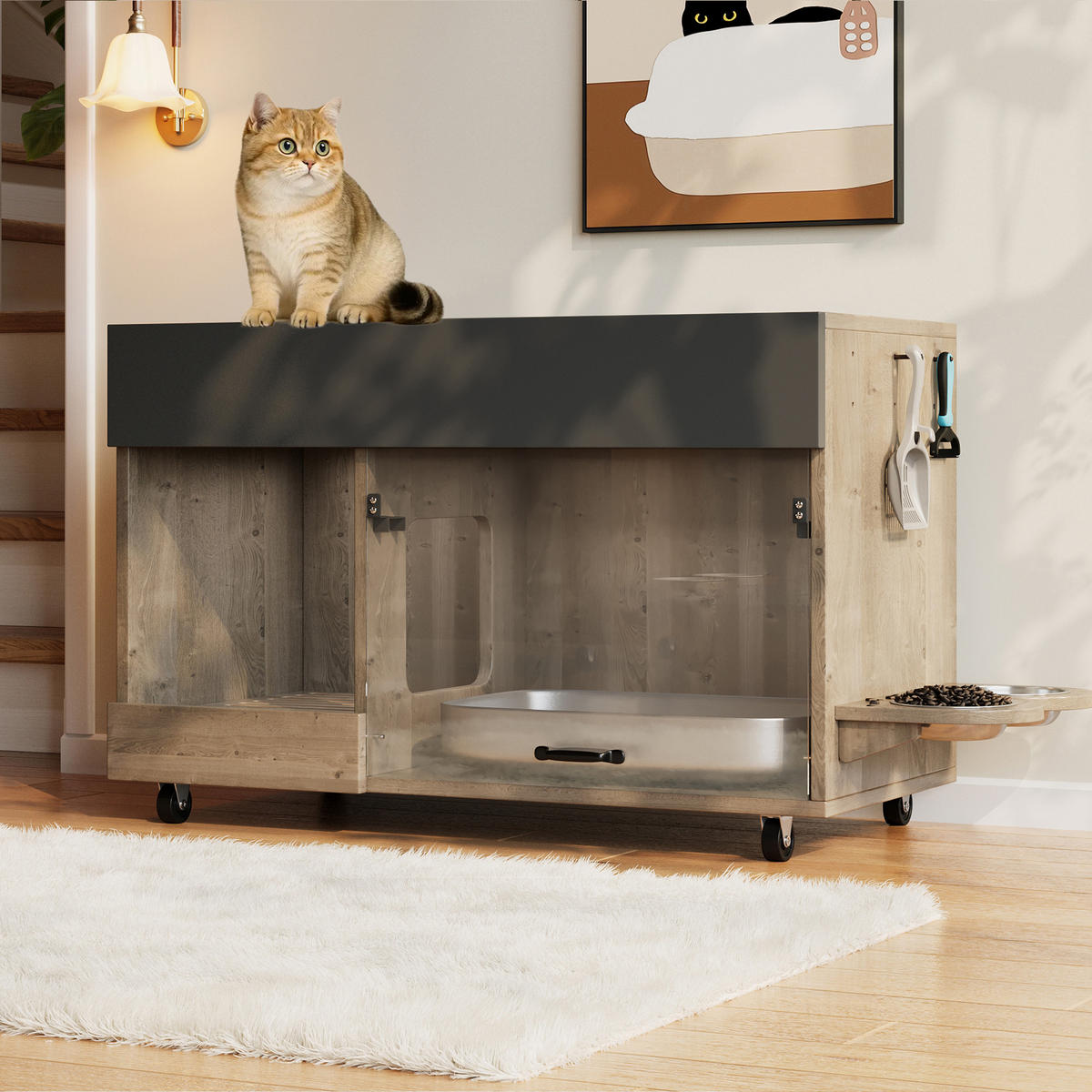 SIDEBOARD Katzentoiletten-Schrank mit versteckter Acryl Tür und Stauraum, MDF Holzoptik kompakt - Transparent/Eichefarben, Holzwerkstoff/Kunststoff (100/67/45.5cm) - EVRYAE