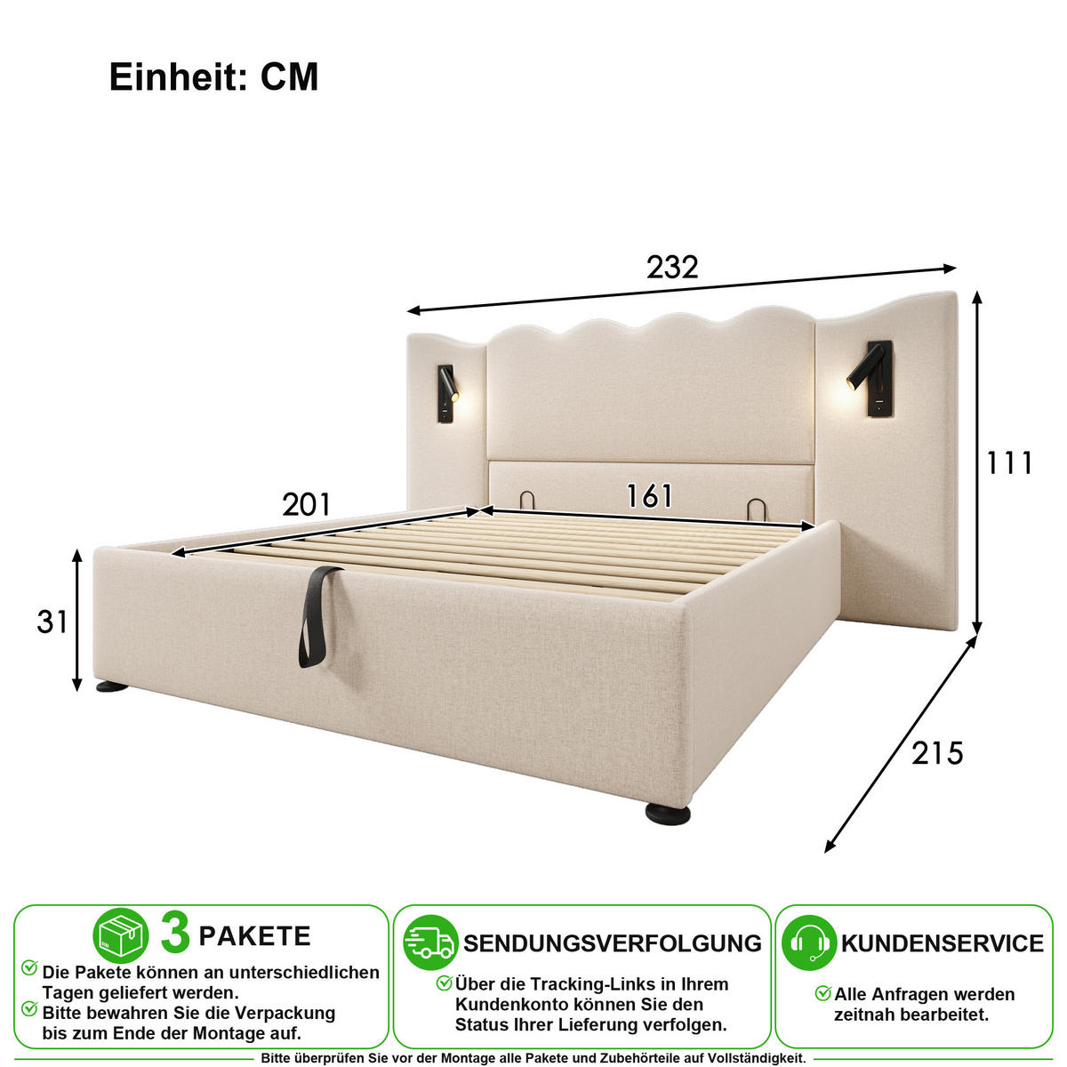 ČALOUNĚNÁ POSTEL 160/200 cm v béžové barvě s úložným prostorem, lampičkou a USB-C - béžová, kov/kompozitní dřevo (160/200cm) - CHICFURN