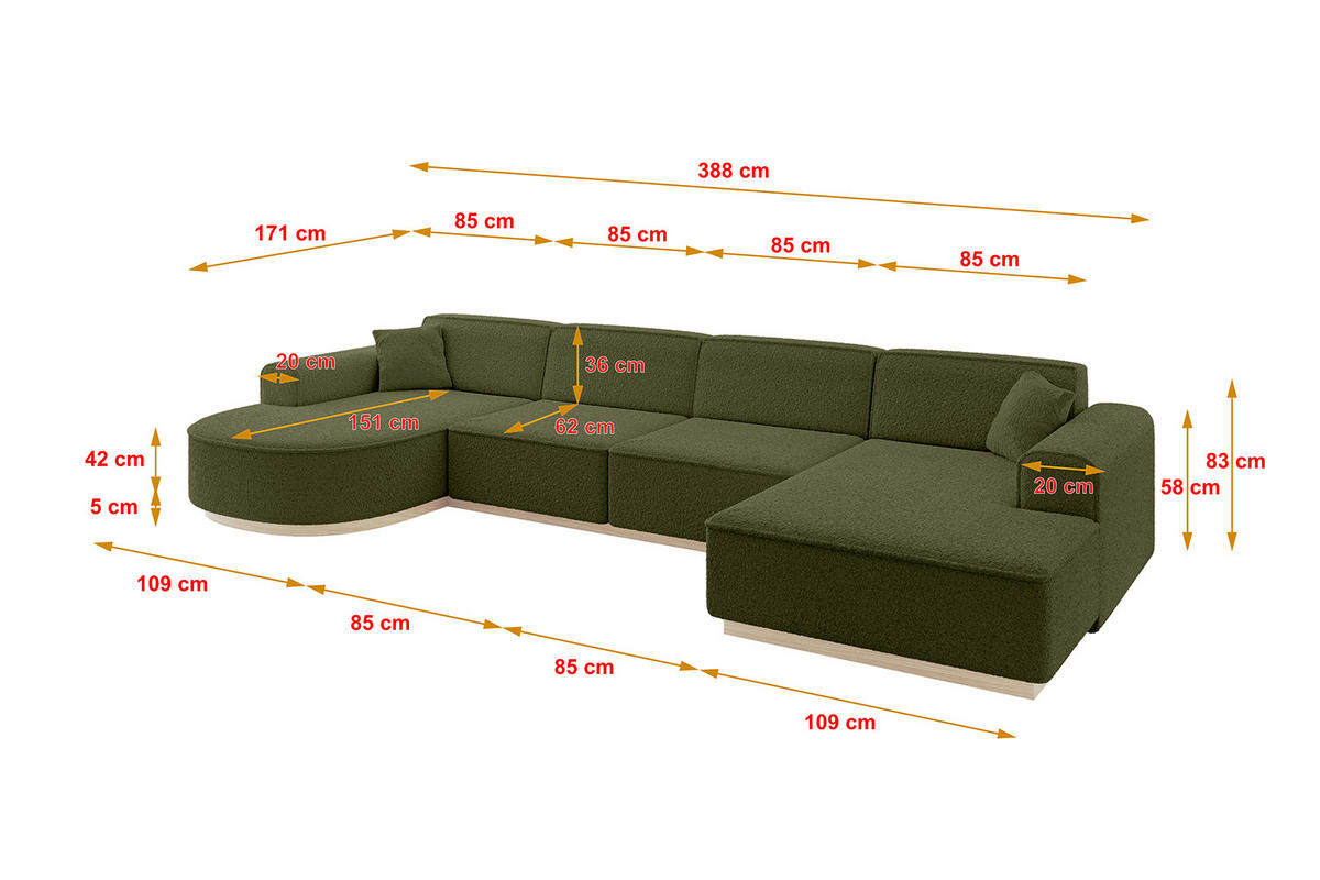 WOHNLANDSCHAFT ARRIO-U2 303x171x83 cm Olivgrün - Olivgrün, Holzwerkstoff/Textil (388/83/171cm) - ALTDECOR
