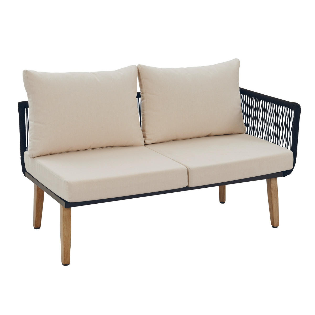 GARTENMÖBEL-SET mit Sofa und Couchtisch, Seilgeflecht und Tischplatte in Holzoptik, Beige/Schwarz - Beige, Metall - Redom