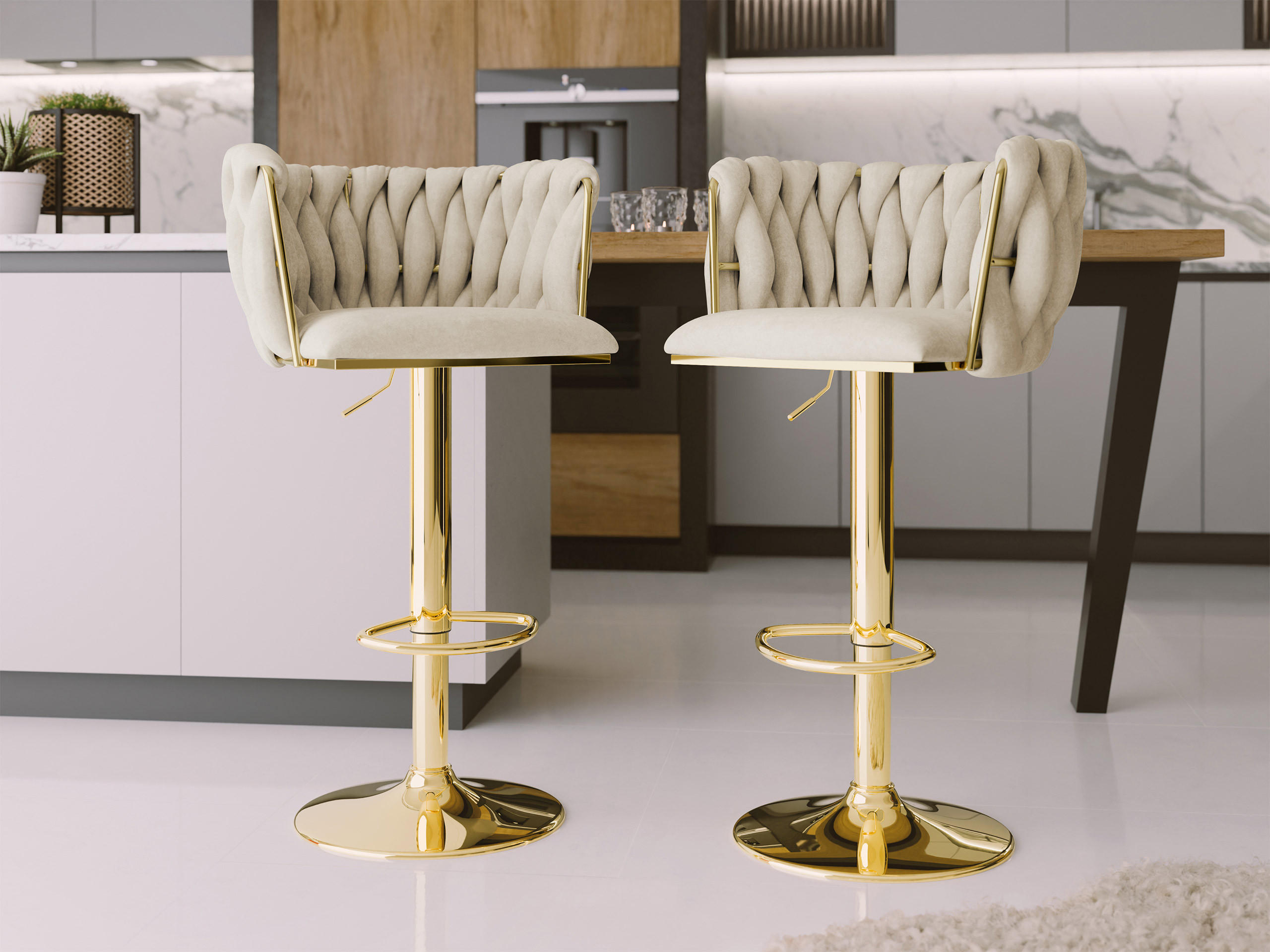 BARHOCKER-SET Muz BS-1142 (2 Stück in Samt) - Beige/Goldfarben, Textil/Metall (50/107/52cm) - MIRJAN24