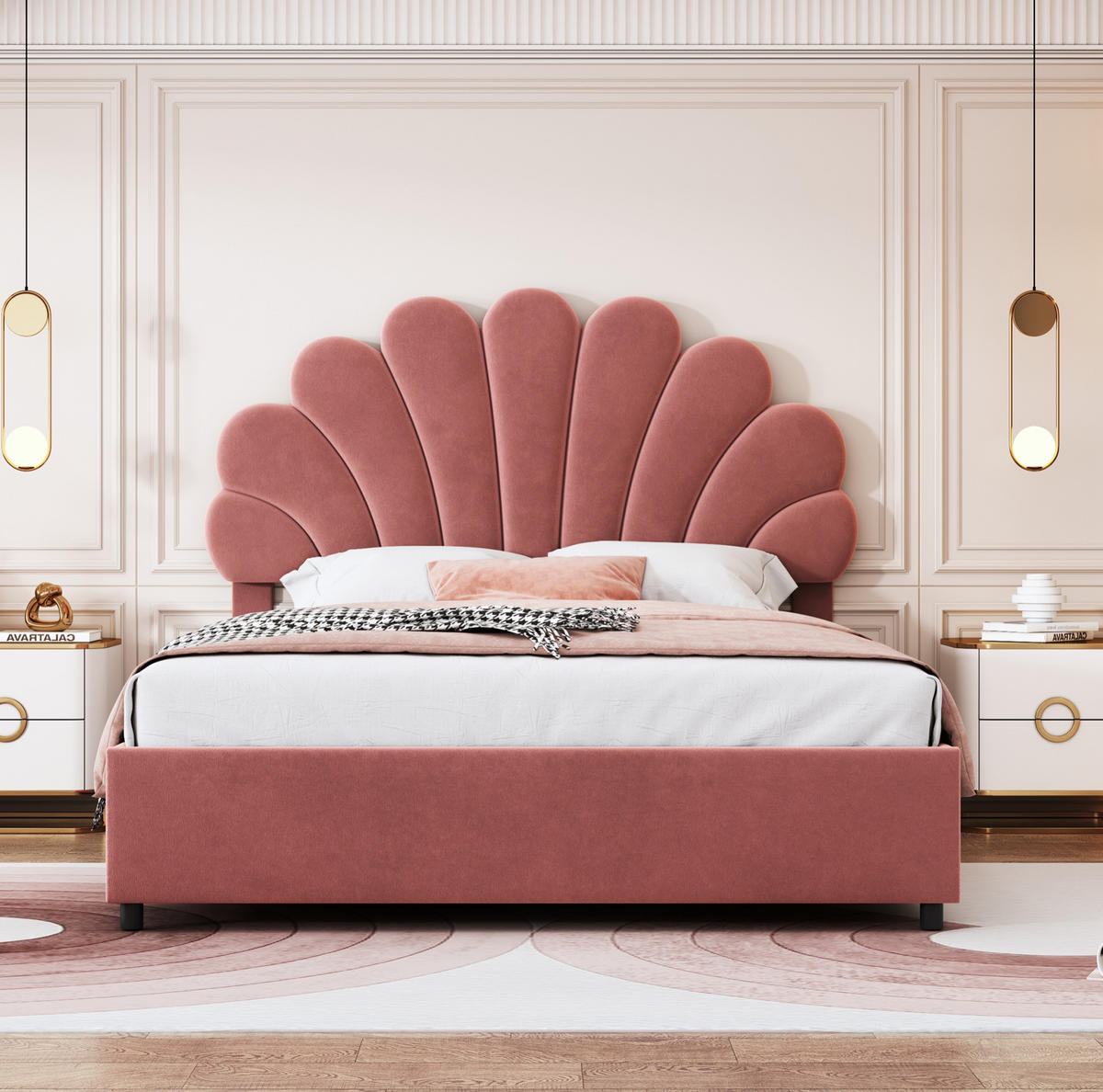 POLSTERBETT aus Samt 140x200 cm Rosa mit Lattenrost, hydraulischem Bettkasten und floralem Kopfteil - Dunkelrosa, Textil (140/200cm) - Modfu