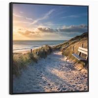LEINWAND Bilder mit Rahmen - Sonnenuntergang - Strand - Düne - Gras - Ufer - 90x90 - Sandfarben, Textil (90/90cm) - MuchoWow