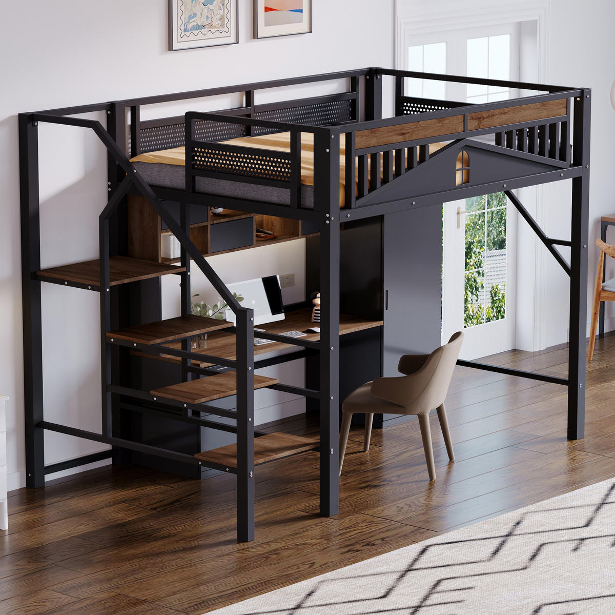 HOCHBETT 140/200 cm aus Metall/Holz mit Fensterdesign und Stauraumleiter Schwarz - Schwarz, Metall (140/200cm) - Modenvie