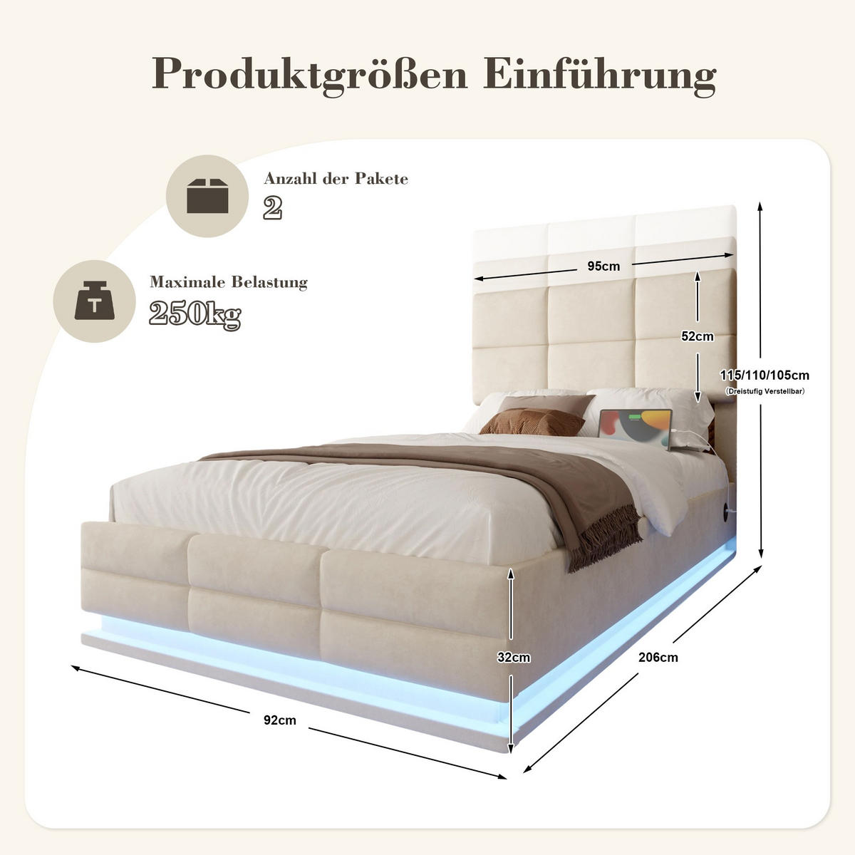 BOXBETT 90/200 mit Bettkasten, LED, USB/Typ C-Ladeanschluss,Samt,Beige - Beige, Holz (90/200cm) - LVHOM