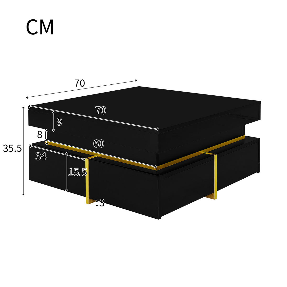 COUCHTISCH Schwarz Gold mit 2 Schubladen und Zierstreifen - Schwarz, Metall (70/70/35cm)