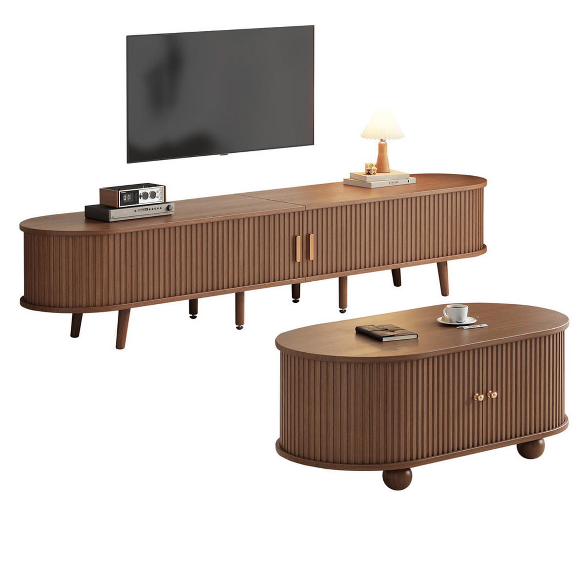 TV-SCHRANK SET mit Couchtisch Stauraum Nussbaum & MDF 2-teilig - Braun, Holz (50.5/16/116.5cm) - FLIEKS