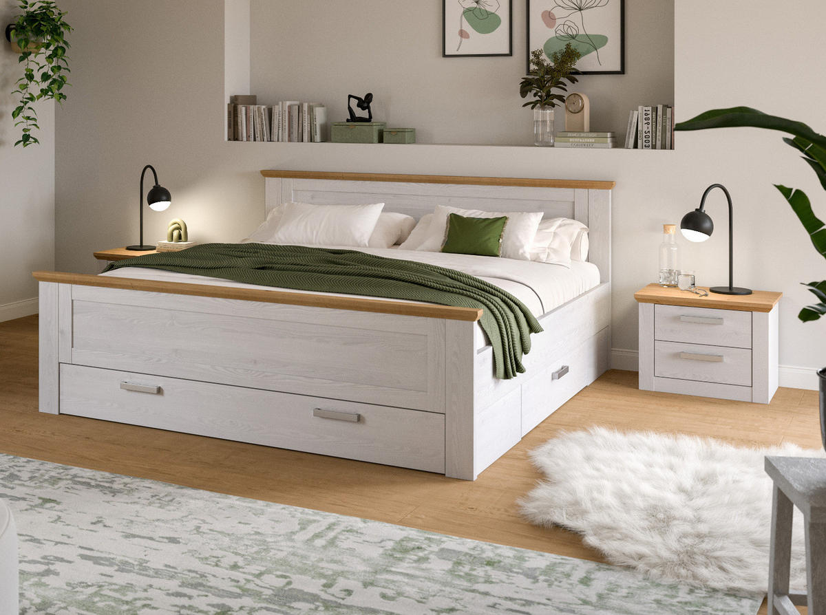 SCHLAFZIMMER weiß Lärche, Eiche Artisan Landhaus Set mit Bett inklusive Bettschubkästen, 2x Nachttisch - Eichefarben/Silberfarben, Holzwerkstoff/Kunststoff (180/200cm) - Inn.Furn